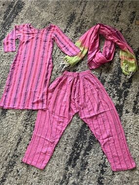 Indian Cotton 3-Piece Kurta Set Pink Harem Pants Dupatta Boho/ No brand.